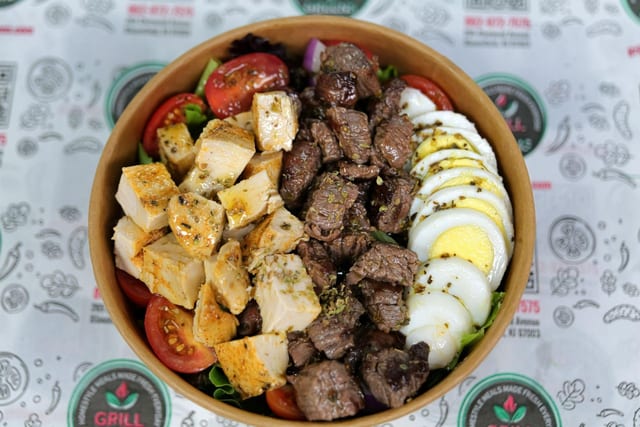 Grill & Greens Platter with Rice or House Salad.