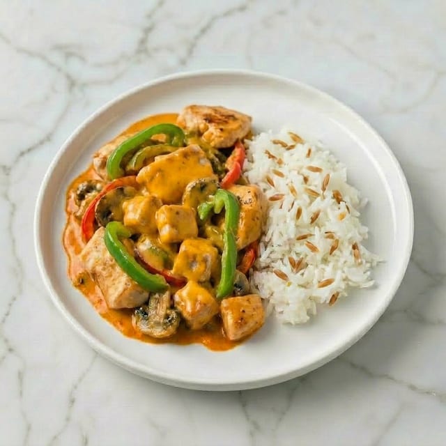 Cheddar Sauce Chicken with Rice.