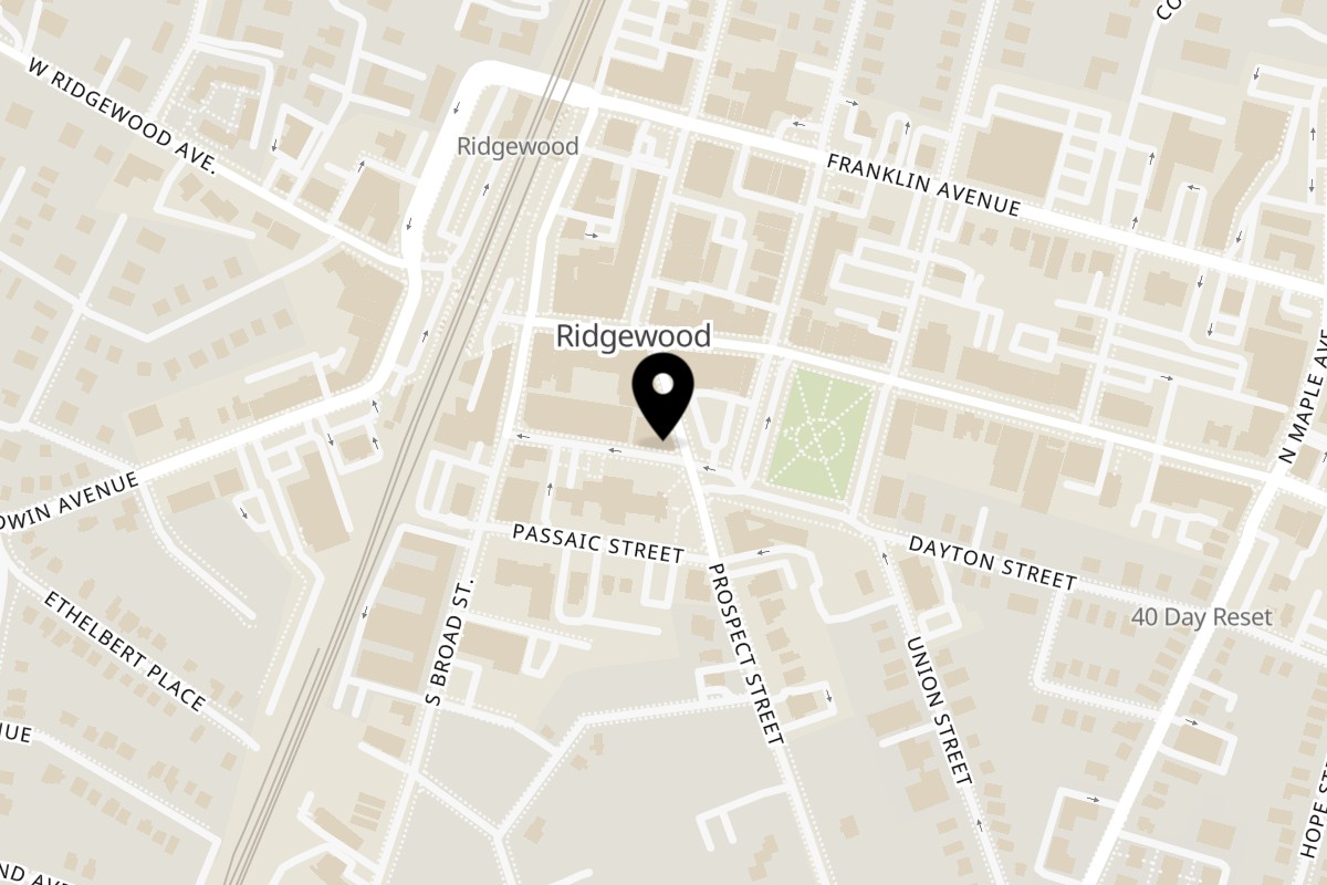 Map showing the location of Grill and Greens Ridgewood on 36 Prospect St in Ridgewood